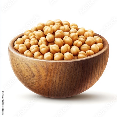 A wooden bowl filled with golden chickpeas, perfect for culinary and health-related themes showcasing nutritious ingredients, white background