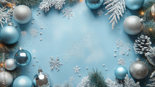 Christmas decorations view on the winter window background, gold and light pink balls