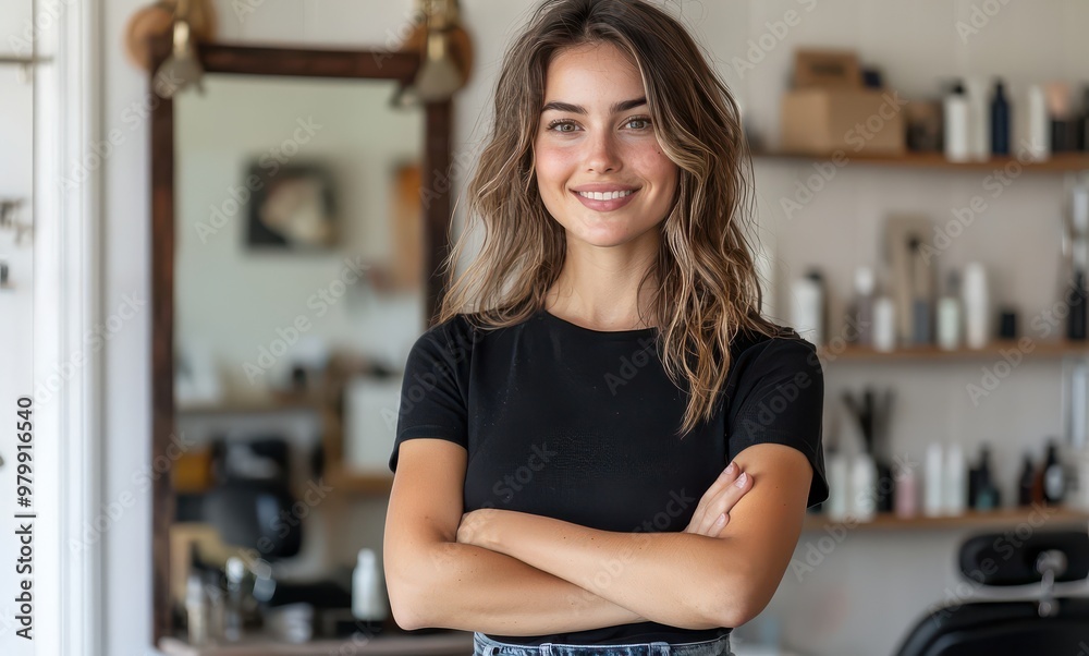 A confident woman with a friendly smile stands in a modern salon, exuding professionalism and warmth