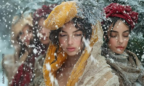 
A group of young women dressed in richly textured shawls and scarves, wrapped in earthy and jewel-toned fabrics. soft snowfall, magical wintery atmosphere, frosted landscape
