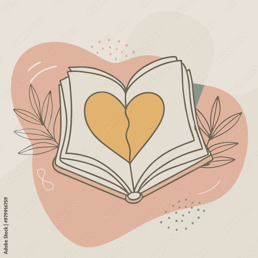 Open Book with Heart Symbol in Pastel Illustration with Abstract Floral Elements Open Book with Heart Symbol in Pastel Illustration with Abstract Floral Elements