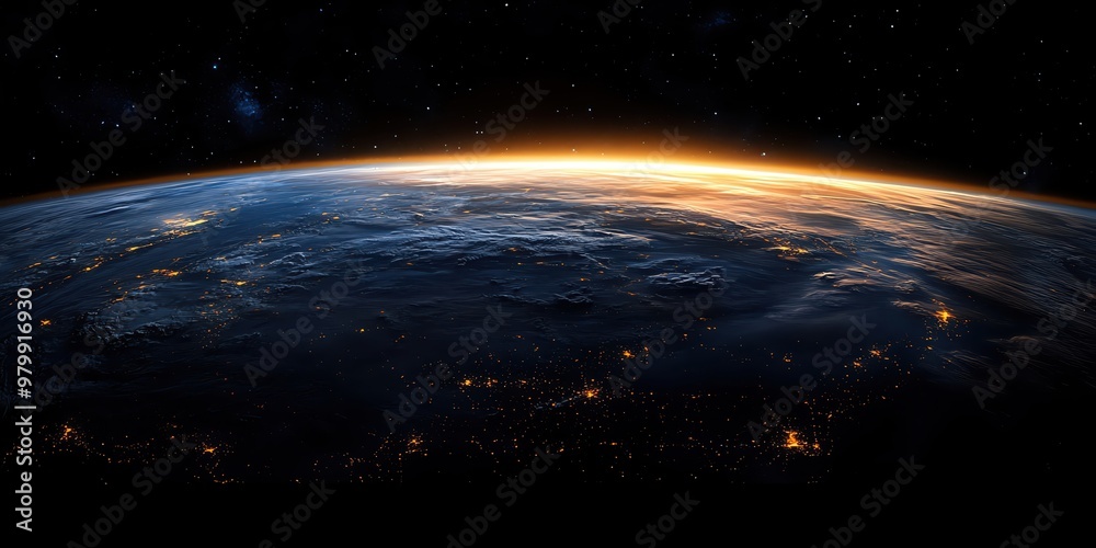 A breathtaking view of Earth from space, showcasing its blue oceans, white clouds, and continents bathed in the golden light of sunrise. A breathtaking view of Earth from space, showcasing its blue oceans, white clouds, and continents bathed in the golden light of sunrise.