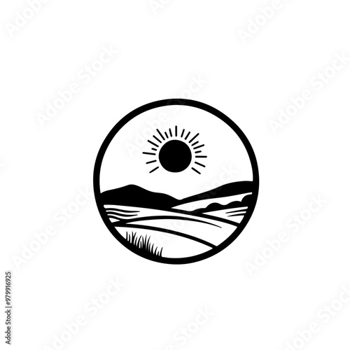 Simple sun rising over hills in a circular design, evoking calm and peace. Ideal for nature, travel, or wellness businesses.