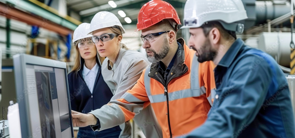 Obraz premium Ingenieros industriales en proyectos, a través del ordenador. Un grupo de ingenieros, reunido y debatiendo con su mirada atenta a un monitor.