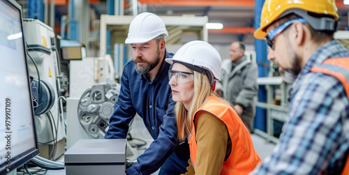 Ingenieros industriales en proyectos, a través del ordenador. Un grupo de ingenieros, reunido y debatiendo con su mirada atenta a un monitor.