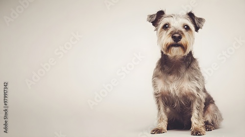 A Glen Of Imaal Terrier sitting on a light solid color background, showcasing its distinctive wiry coat and friendly expression