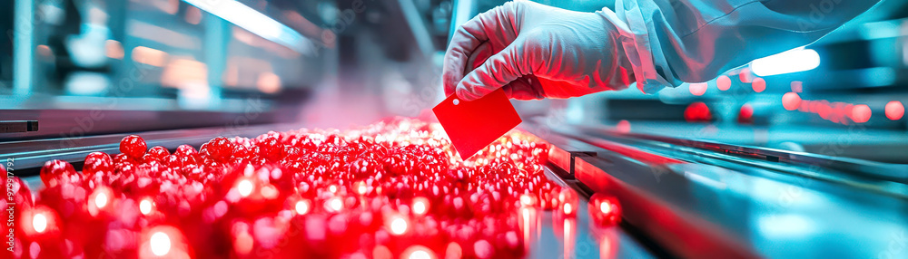 Reject Part Inspector marking rejected products with a red tag on an assembly line ...