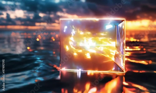 Dynamic motion of a glowing 3D cube with edges and fast speed. Energy and movement, with vibrant neon lights illuminating the cube and surroundings, waves, sunset, water