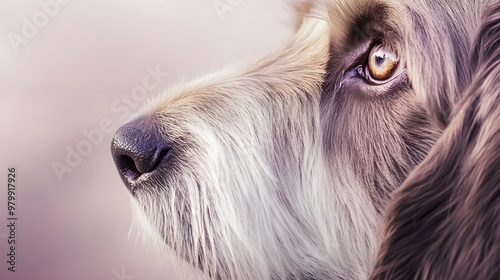 A close-up of a Grand Basset Griffon Vendeen's face, highlighting its distinct features and gentle expression against a soft pastel backdrop photo