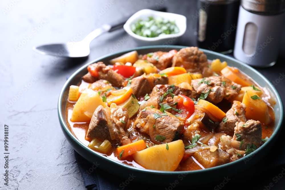 Delicious stew with vegetables on black table, closeup Delicious stew with vegetables on black table, closeup