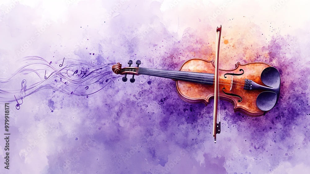 Fototapeta premium Harmonious Melody - Watercolor Violin in Elegant Purple Setting with Music Notes and Ambient Lighting