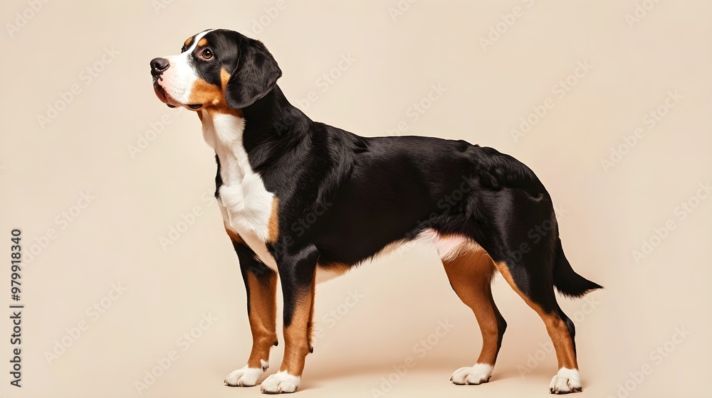 A majestic Greater Swiss Mountain Dog standing proudly on a light solid color background, showcasing its distinct tricolor coat and strong build A majestic Greater Swiss Mountain Dog standing proudly on a light solid color background, showcasing its distinct tricolor coat and strong build