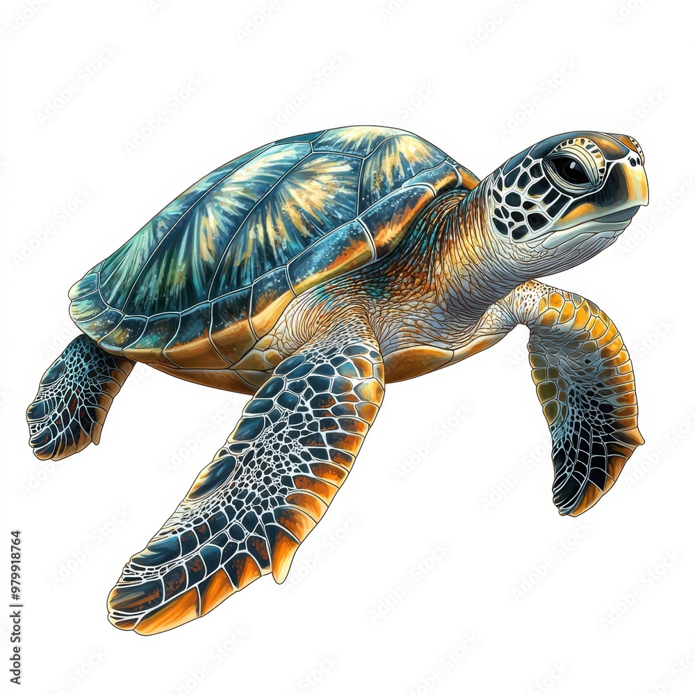 Fototapeta premium Colorful illustration of a turtle swimming gracefully through the water, showcasing its intricate shell patterns and vibrant colors, white background