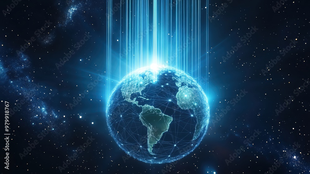 Digital Earth glowing with light beams in a starry background. Digital Earth glowing with light beams in a starry background.