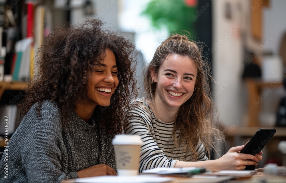 Two smiling women sitting at a cozy table enjoying conversation and coffee in a relaxed environment Two smiling women sitting at a cozy table enjoying conversation and coffee in a relaxed environment