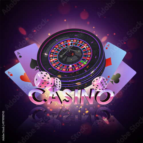 Pink letters casino, roulette wheel and cells, dices, playing cards on black background with purple light, rays, glare, sparkles. Vector illustration for casino, game design, advertising