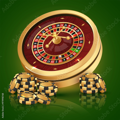 Stacks of golden poker chips, tokens with gold casino roulette wheel on green background with reflection. Vector illustration for casino, game design, advertising