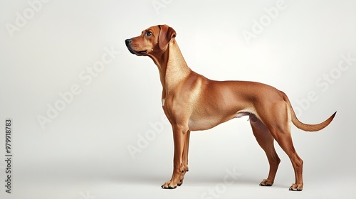 A Hamiltonstovare dog standing proudly on a light solid color background, showcasing its sleek coat and distinct markings photo