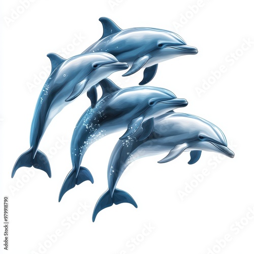 Four playful dolphins swimming together, showcasing their grace and intelligence in a vibrant underwater scene, white background