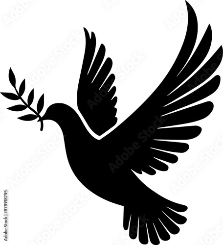 Dove of peace with olive branch silhouette.