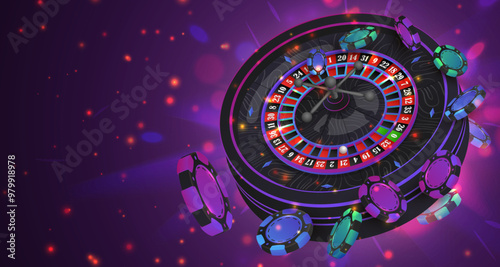 Green, blue, purple poker chips, tokens with black neon casino roulette wheel on dark background with reflection. Vector illustration for casino, game design, advertising