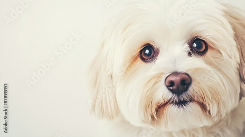 A close-up of a Havanese dog's face, focusing on its expressive eyes and soft fur against a light solid color background