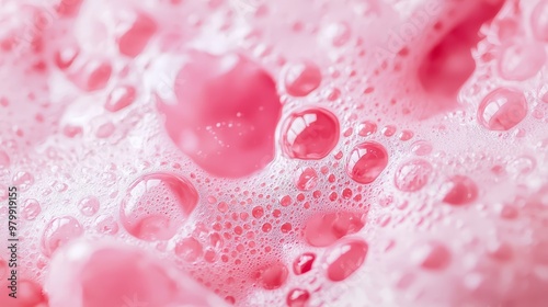  A tight shot of water droplets on a rosy surface, adorned with pink and white specks at the base photo