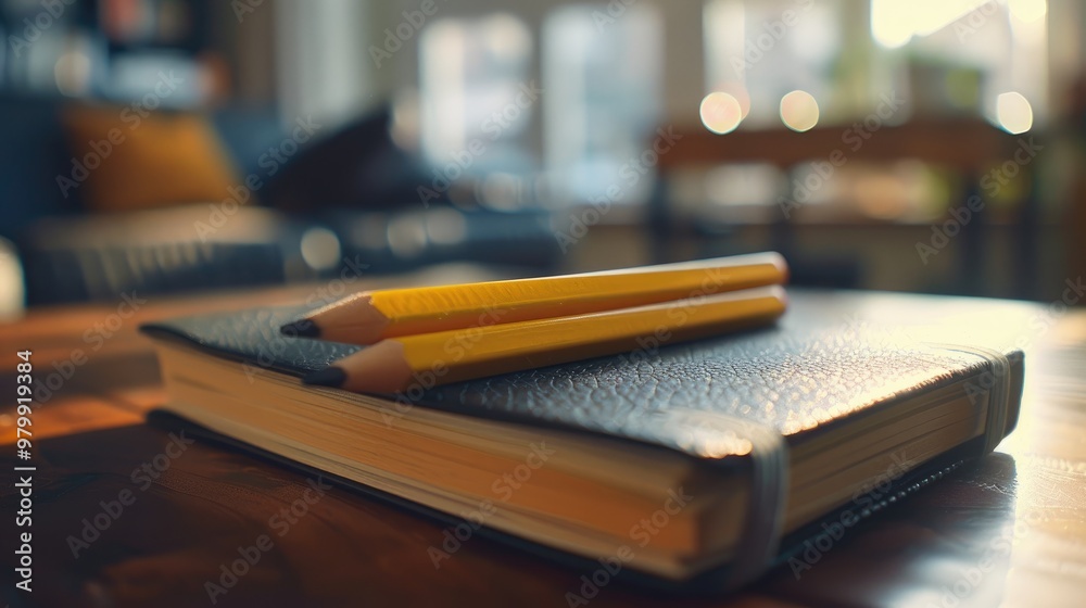Pencil and bookmarks on notebook on table Pencil and bookmarks on notebook on table