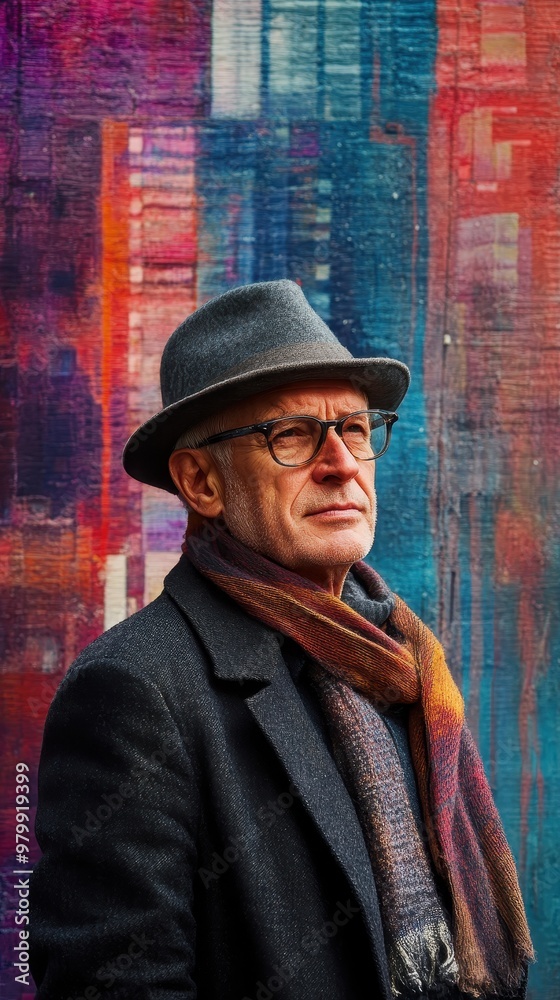 Fashionable Senior Man in Stylish Hat and Scarf Against City Skyline, Copy Space on Right Fashionable Senior Man in Stylish Hat and Scarf Against City Skyline, Copy Space on Right