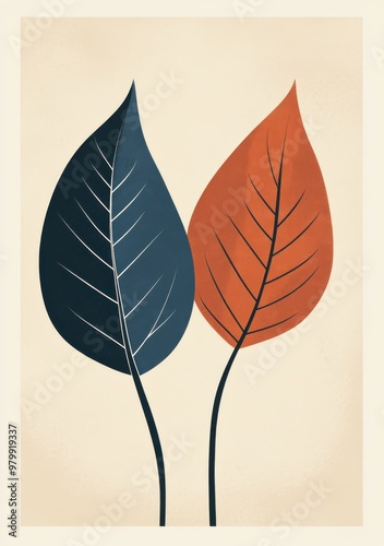 with two leaves, navy blue and terracotta color palette