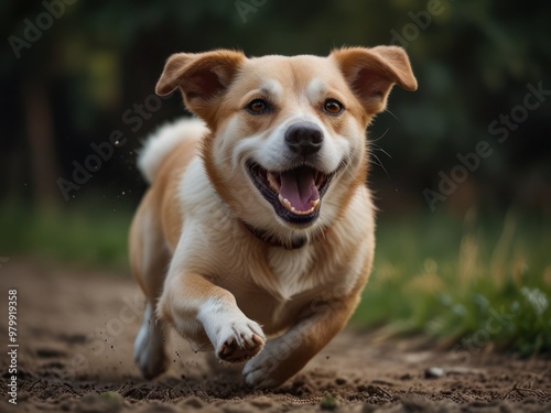 Happy dog joyfully running outdoors on a sunny day