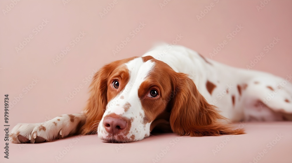 A playful Irish Red And White Setter dog lying on a soft surface with a light solid color background A playful Irish Red And White Setter dog lying on a soft surface with a light solid color background