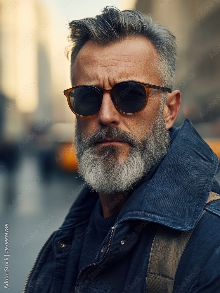 Stylish Mature Man in City Plaza - Confident Middle-Aged Male with Salt-and-Pepper Beard and Sunglasses, Urban Fashion Concept with Copy Space