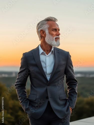 Modern and Empowered: Confident Senior Businessman in Stylish Suit at Scenic Overlook with Copy Space