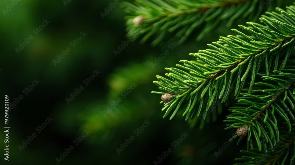 A tight shot of a pine branch, background softly blurred with green leaves and branches A tight shot of a pine branch, background softly blurred with green leaves and branches