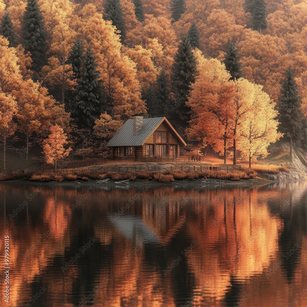 Tranquil Lakeside Retreat: Cozy Cabin Amid Autumn Trees with Knit-like Texture Tranquil Lakeside Retreat: Cozy Cabin Amid Autumn Trees with Knit-like Texture