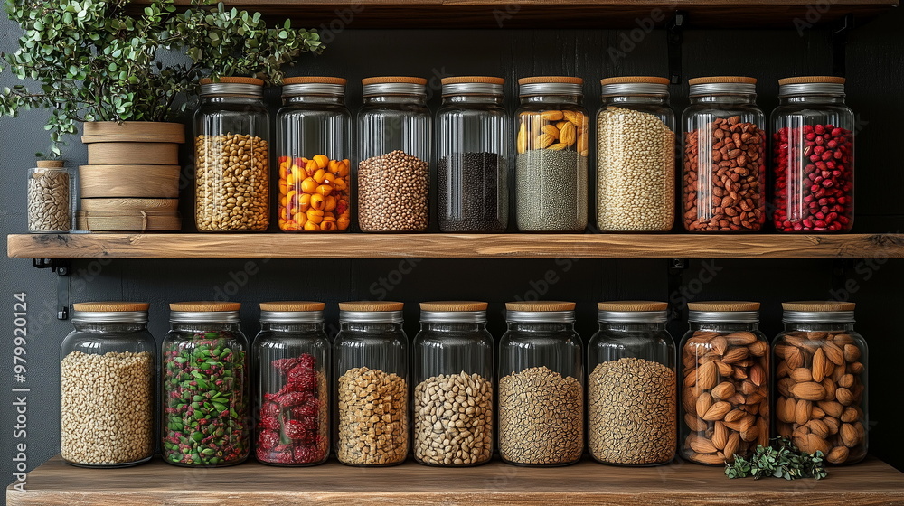 Vegan pantry setup with jars of grains, nuts, seeds, and dried fruits on display Vegan pantry setup with jars of grains, nuts, seeds, and dried fruits on display