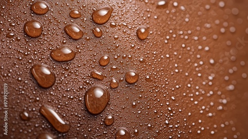  A tight shot of water droplets resting on a brown paper's texture, against a backdrop of brown and white