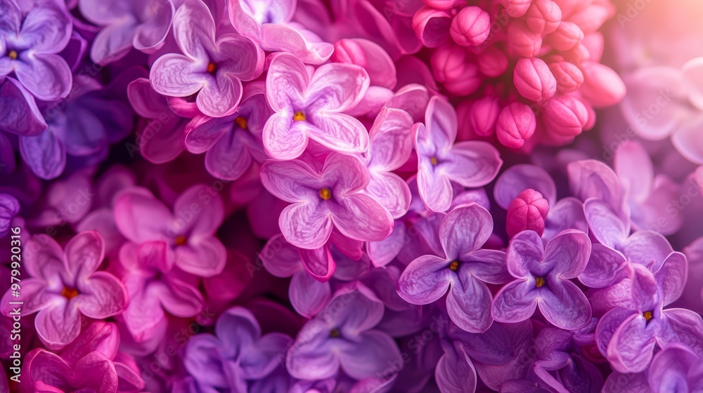 A tight shot of a mass of pink and purple blossoms against a softly blurred backdrop of similar hues A tight shot of a mass of pink and purple blossoms against a softly blurred backdrop of similar hues
