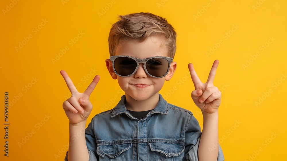 A young boy wearing sunglasses and a denim jacket, makes a peace sign with both hands against a yellow background. A young boy wearing sunglasses and a denim jacket, makes a peace sign with both hands against a yellow background.