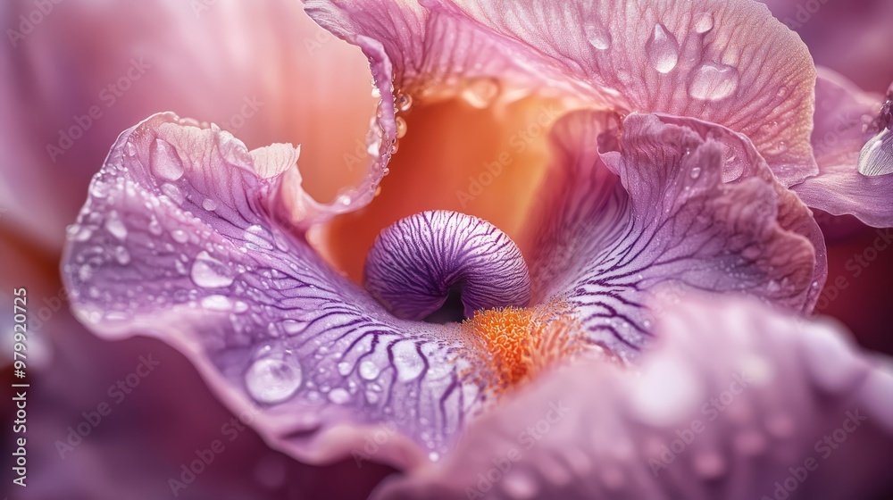 Close-up of a purple flower with dewdrops on its petals and in the center Close-up of a purple flower with dewdrops on its petals and in the center