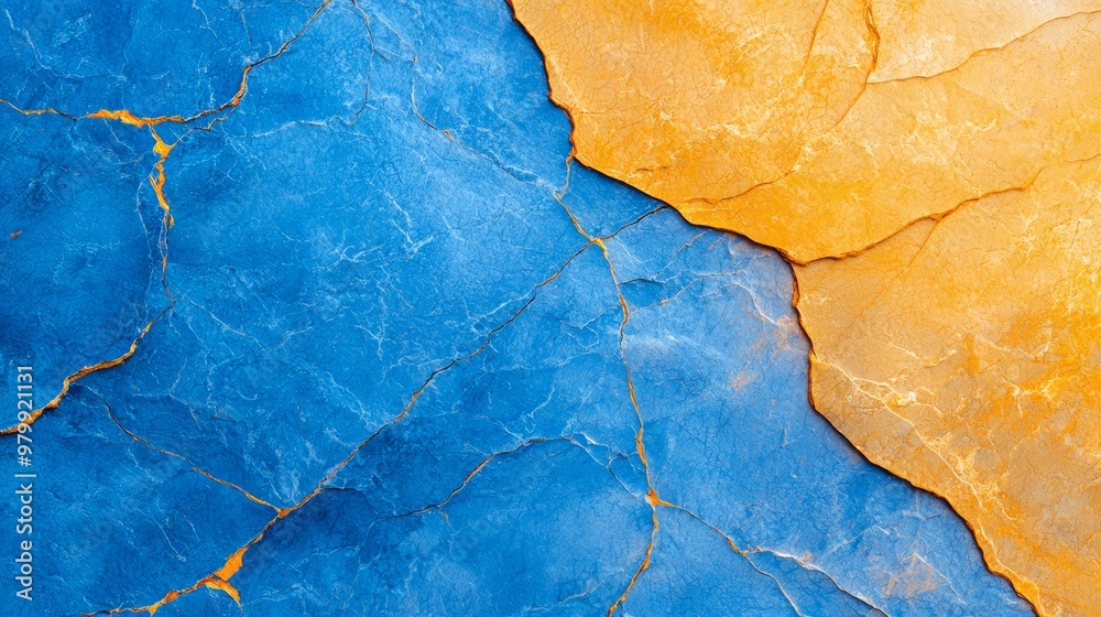 Fototapeta premium A detailed look at a tri-colored surface - blue, yellow, orange - featuring a central crack