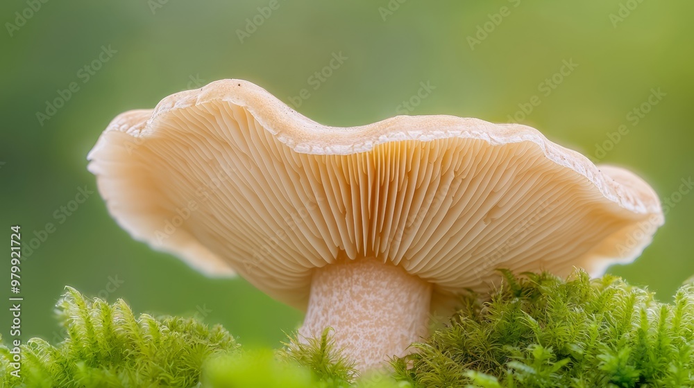 A tight shot of a mushroom, moss-covered side, with a soft, indistinct backdrop behind A tight shot of a mushroom, moss-covered side, with a soft, indistinct backdrop behind