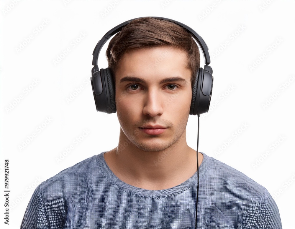 Focused Young Man Wearing Headphones Isolated on White Background, Clipping Path, Full Depth of Field Focused Young Man Wearing Headphones Isolated on White Background, Clipping Path, Full Depth of Field