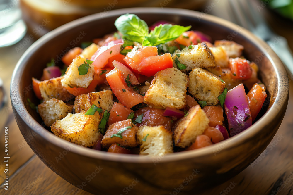 A vibrant panzanella salad featuring fresh herbs and colorful vegetables served in a rustic wooden bowl A vibrant panzanella salad featuring fresh herbs and colorful vegetables served in a rustic wooden bowl