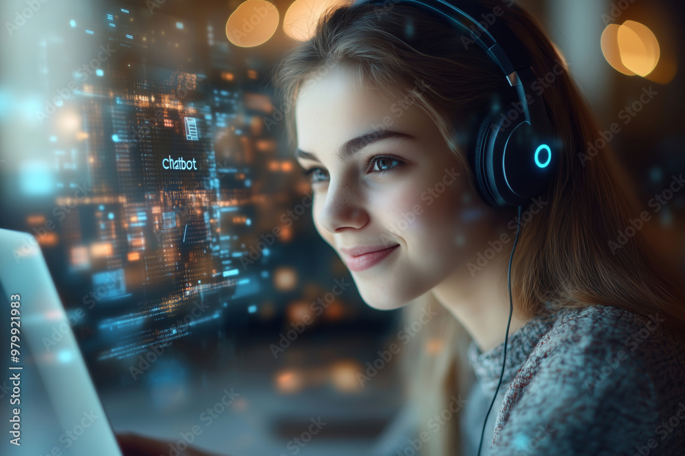 A young businesswoman smiles brightly while engaging with innovative technology in a vibrant workspace during evening hours A young businesswoman smiles brightly while engaging with innovative technology in a vibrant workspace during evening hours