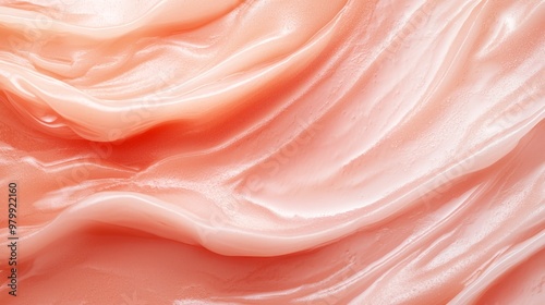  A tight shot of a pink-and-white liquid with white and pink swirls against a soft, light pink backdrop