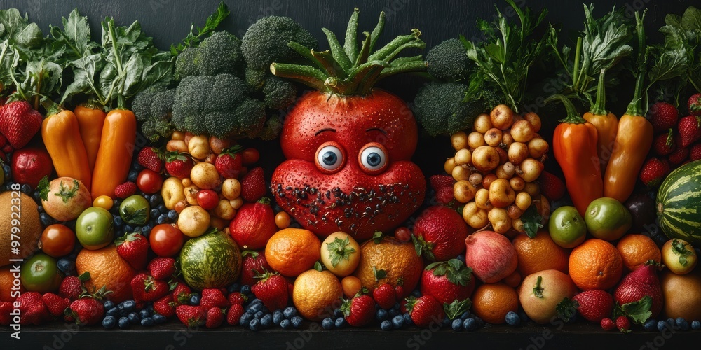 Explore a magical cityscape where vegetables and fruits have expressive faces and personalities Explore a magical cityscape where vegetables and fruits have expressive faces and personalities