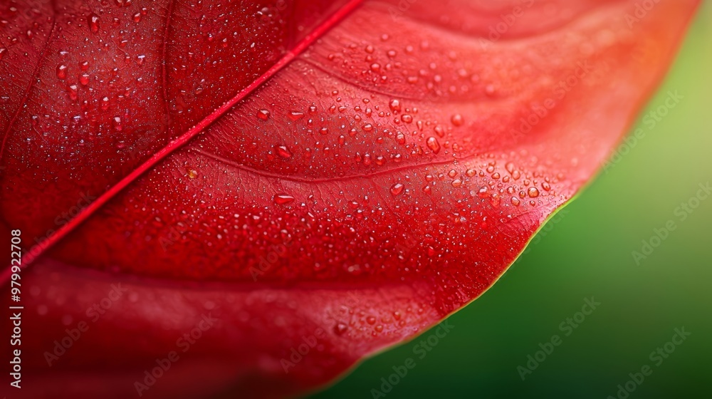 Fototapeta premium A red leaf, up-close, dotted with water drops against a verdant backdrop
