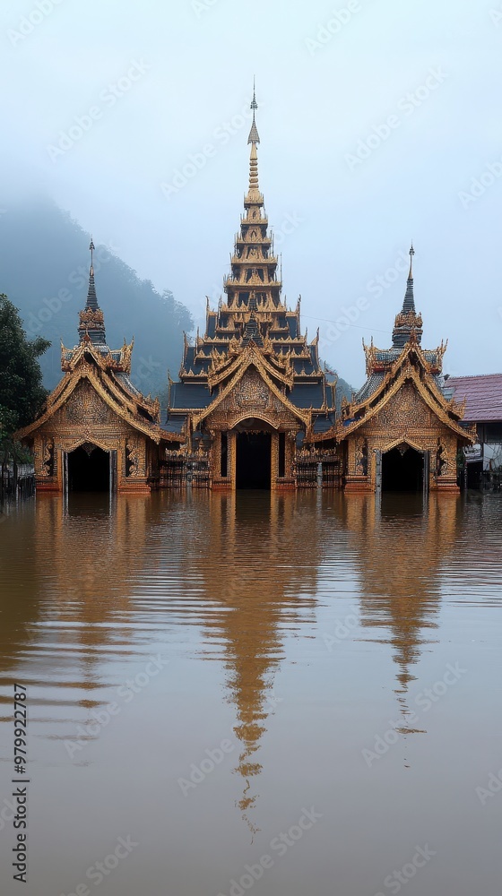 Fototapeta premium Devastating Flood Impact on Cultural Heritage: Wide Shot of Flooded Temples in Chiang Rai